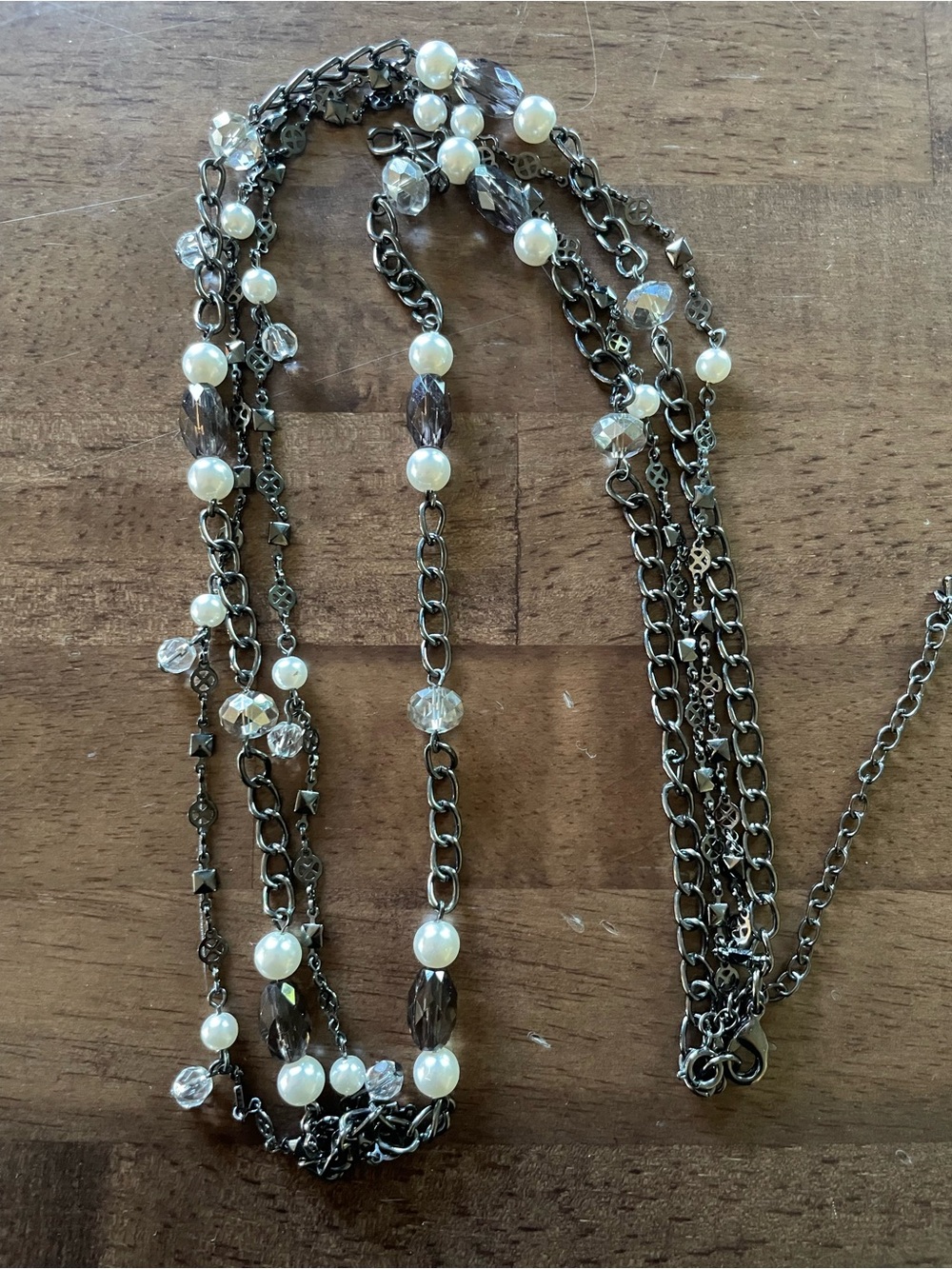 Premier Designs Multi-Strand Pearl and Smoky Crystal charcoal metal Necklace